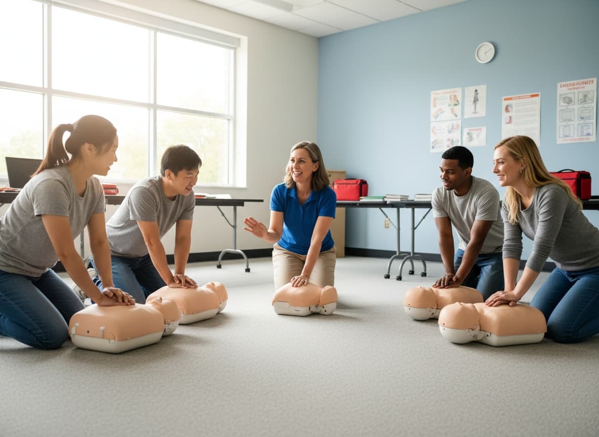 Group CPR class practicing chest compressions with instructor